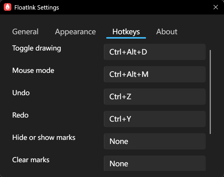 FloatInk keyboard shortcut settings